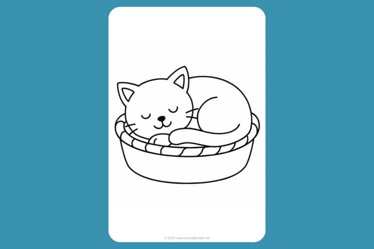 Katzen Ausmalbild ab 2 Jahre - Schlafende Katze im Körbchen