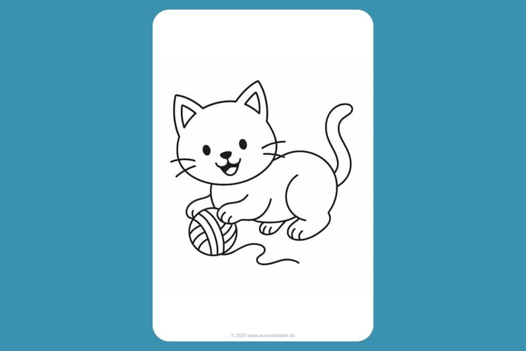 Katzen Ausmalbild ab 2 Jahre - Verspielte Katze mit Wollknäuel