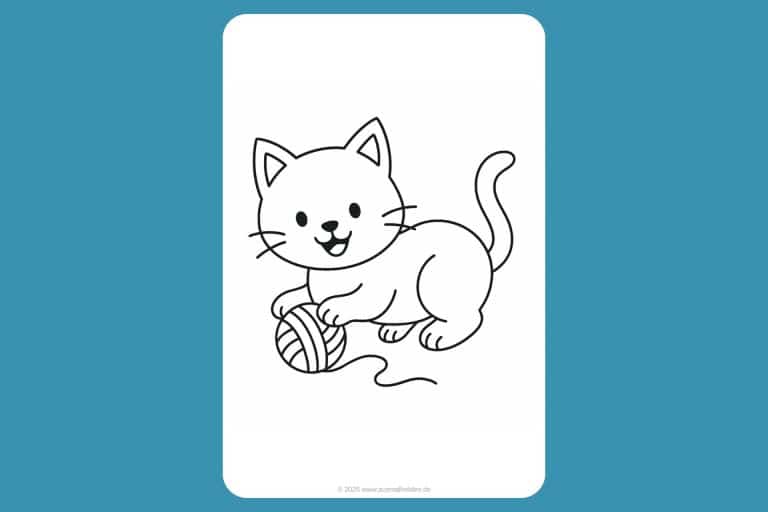 Katzen Ausmalbild ab 2 Jahre - Verspielte Katze mit Wollknäuel