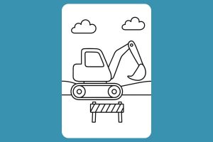 Bagger Ausmalbild ab 2 Jahre - Bagger auf Baustelle mit Absperrung