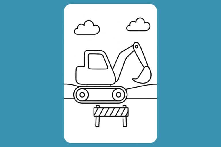 Bagger Ausmalbild ab 2 Jahre - Bagger auf Baustelle mit Absperrung