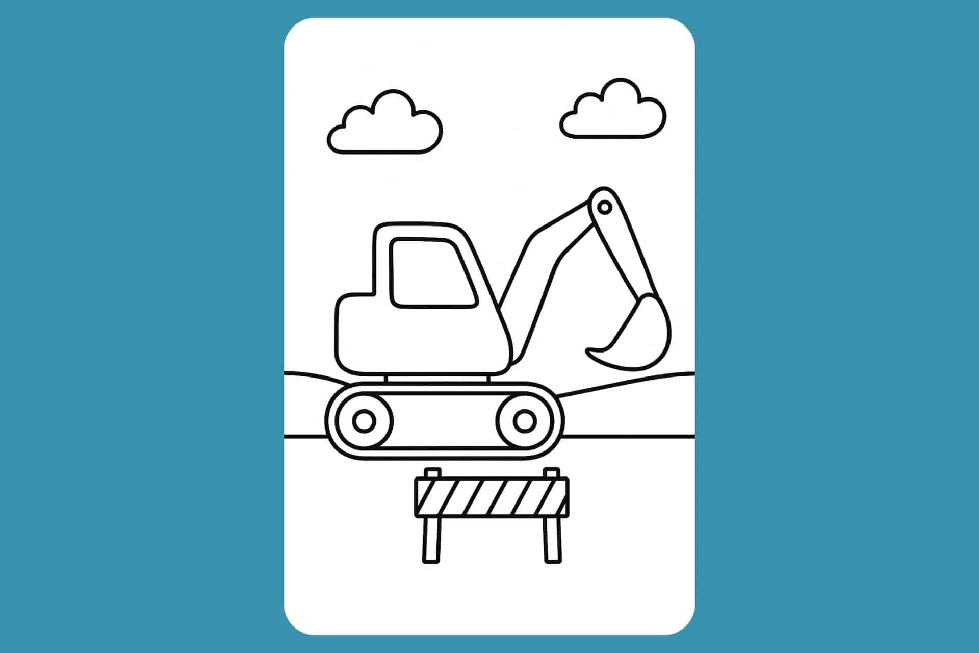 Bagger Ausmalbild ab 2 Jahre - Bagger auf Baustelle mit Absperrung