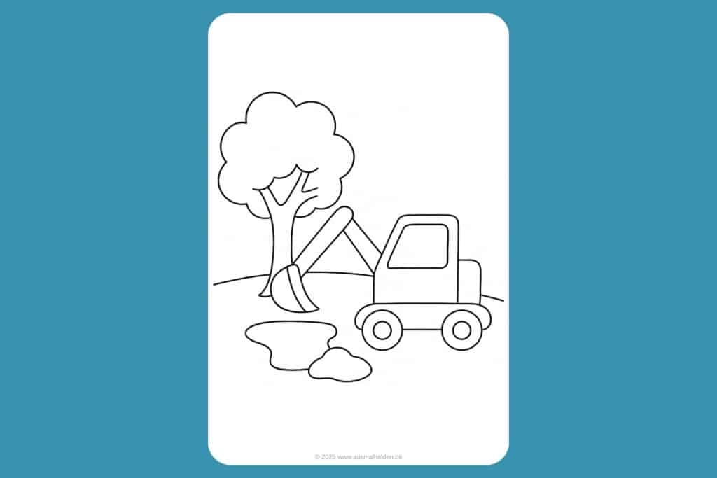 Bagger Ausmalbild ab 2 Jahre - Bagger gräbt ein Loch neben einem Baum