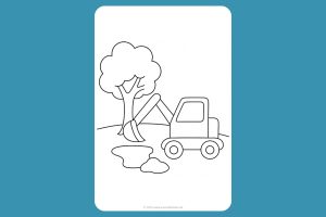 Bagger Ausmalbild ab 2 Jahre - Bagger gräbt ein Loch neben einem Baum