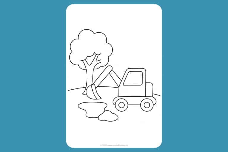 Bagger Ausmalbild ab 2 Jahre - Bagger gräbt ein Loch neben einem Baum