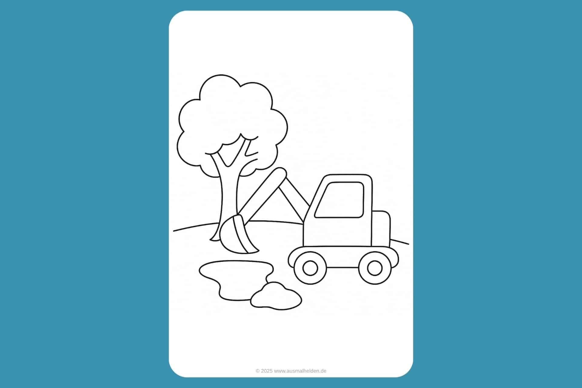 Bagger Ausmalbild ab 2 Jahre - Bagger gräbt ein Loch neben einem Baum