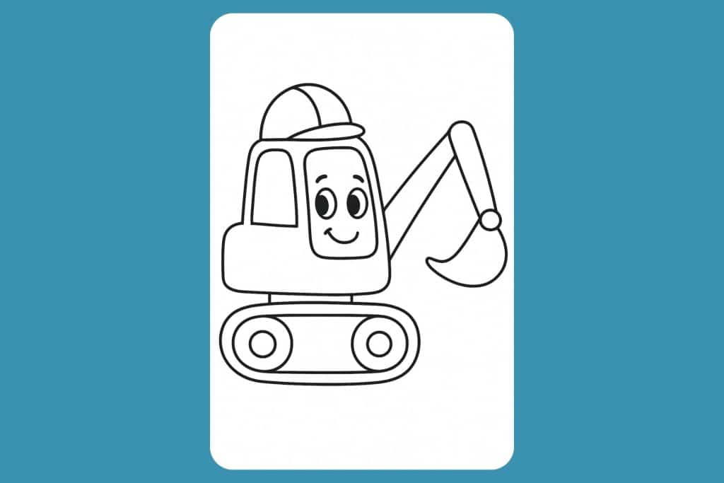 Bagger Ausmalbild ab 2 Jahre - Bagger mit Gesicht und Helm