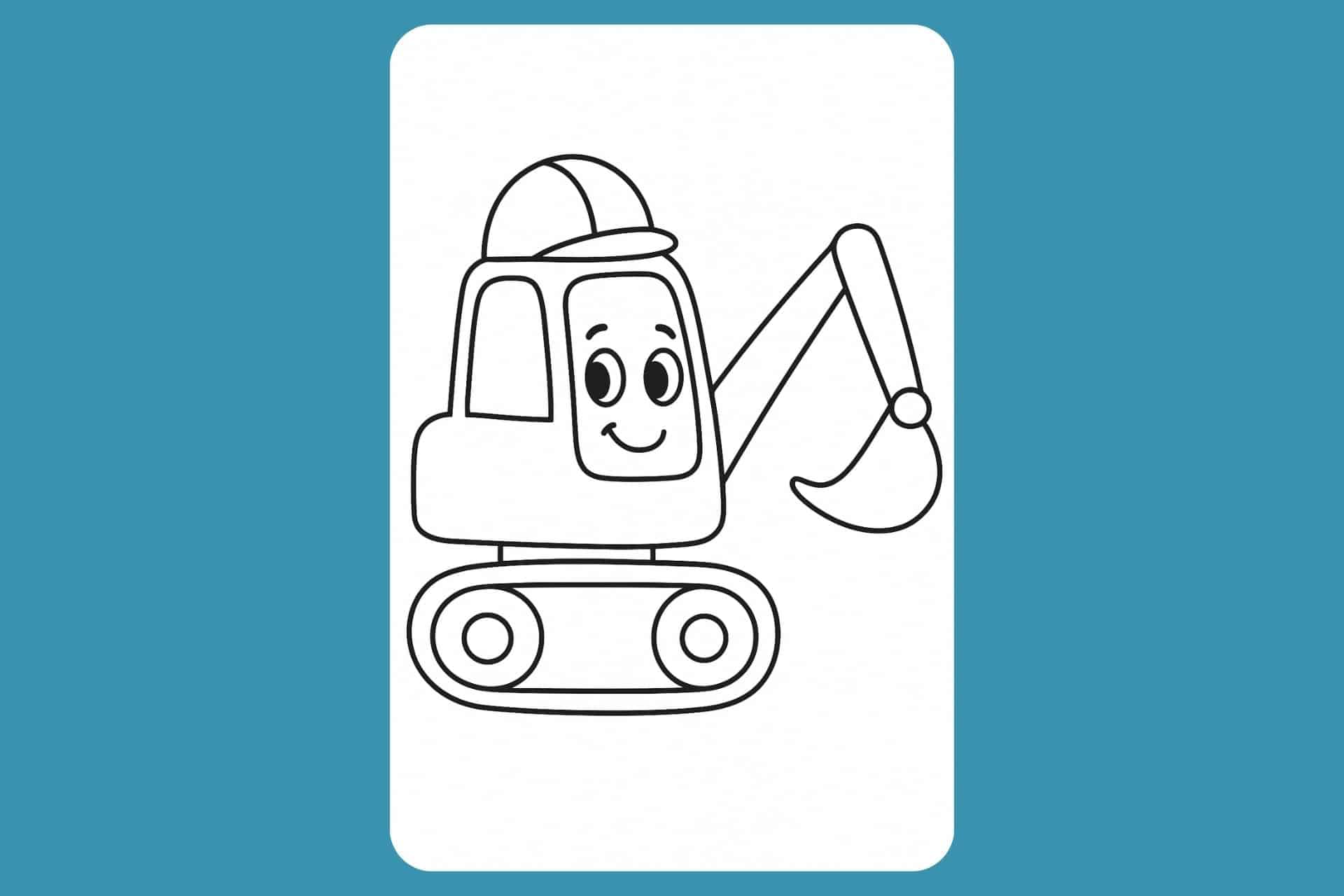 Bagger Ausmalbild ab 2 Jahre - Bagger mit Gesicht und Helm