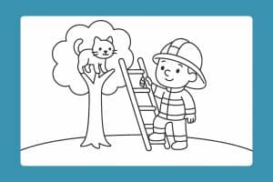 Feuerwehr Ausmalbild ab 2 Jahre - Feuerwehr rettet Katze vom Baum