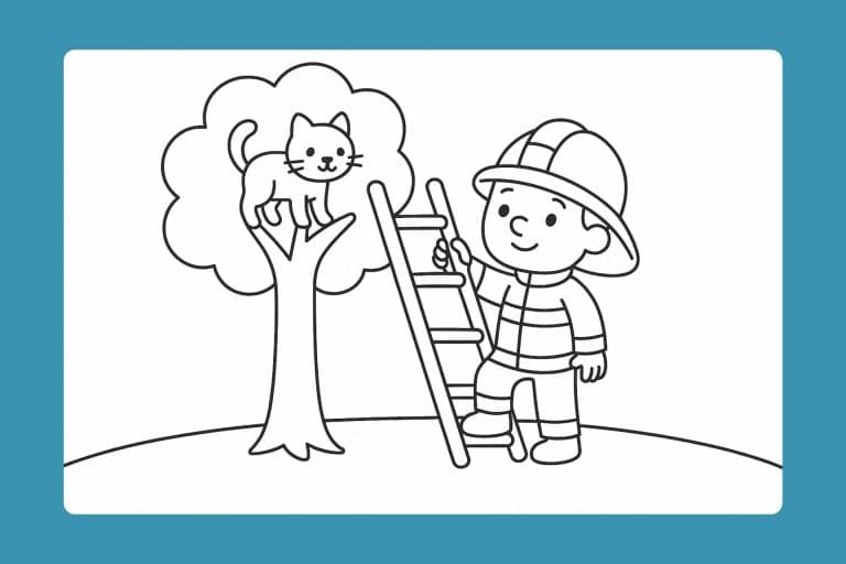 Feuerwehr Ausmalbild ab 2 Jahre - Feuerwehr rettet Katze vom Baum