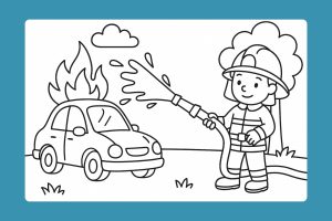 Feuerwehr Ausmalbild ab 2 Jahre - Feuerwehrmann löscht brennendes Auto