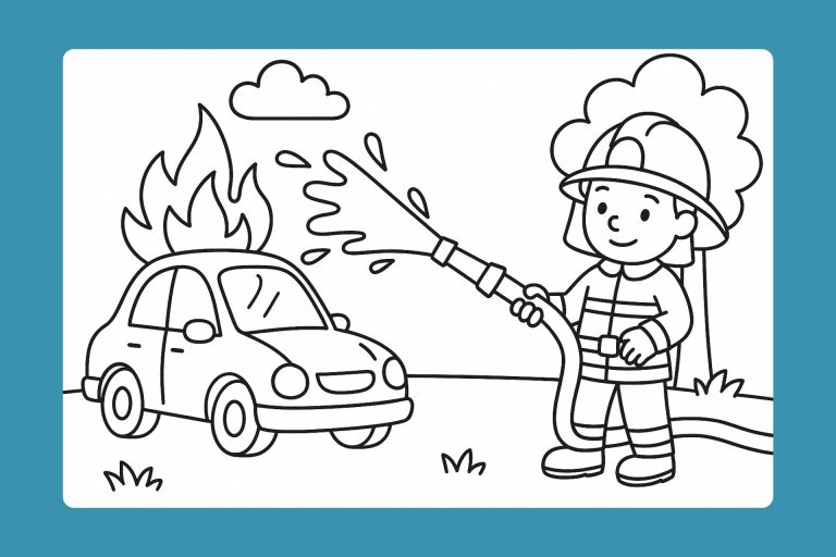 Feuerwehr Ausmalbild ab 2 Jahre - Feuerwehrmann löscht brennendes Auto