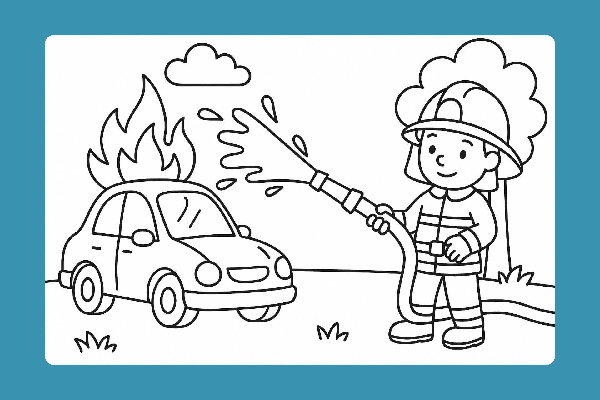Feuerwehr Ausmalbild ab 2 Jahre - Feuerwehrmann löscht brennendes Auto