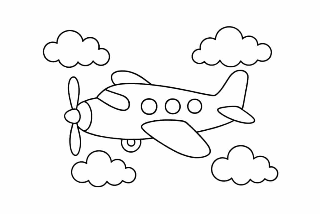 Flugzeug Ausmalbild ab 2 Jahre - Flugzeug fliegt durch Wolken