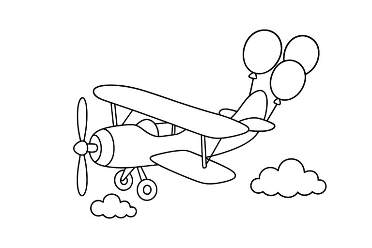 Flugzeug Ausmalbild ab 2 Jahre - Flugzeug mit Luftballons hinten dran