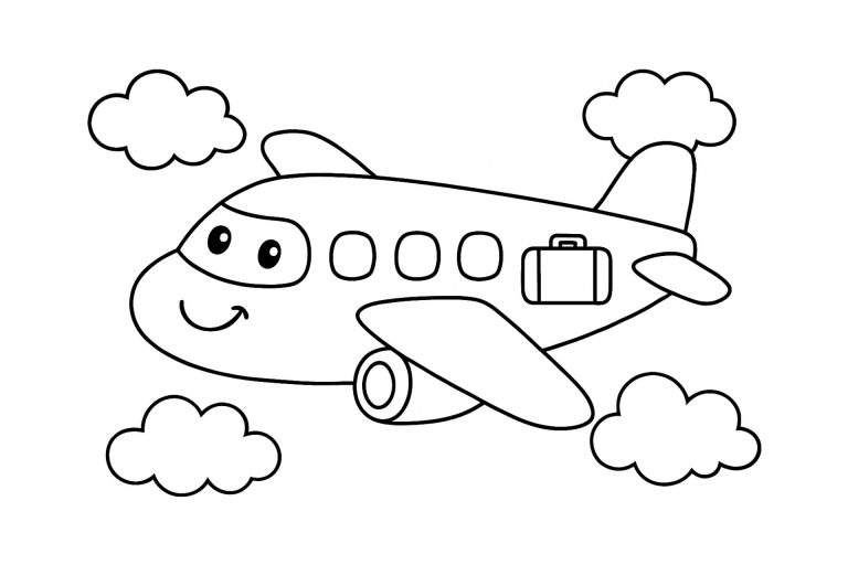 Flugzeug Ausmalbild ab 2 Jahre - Urlaubs-Flugzeug mit Kofferbild auf der Seite