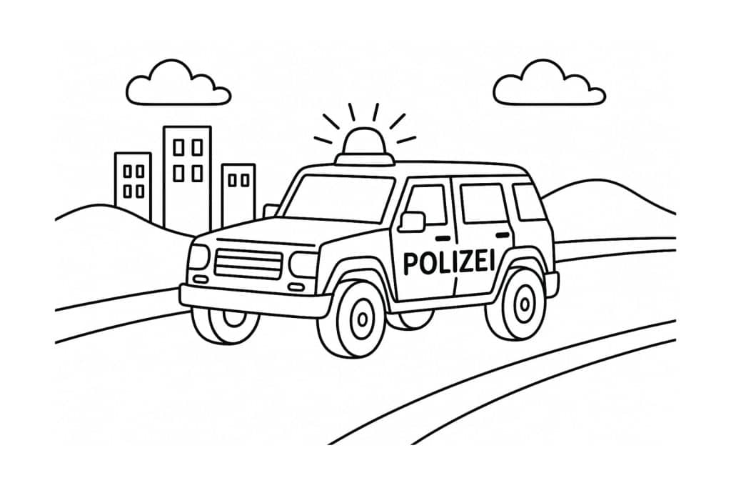 Polizei Ausmalbild ab 2 Jahre - Polizei-Geländewagen auf Verfolgungsjagd