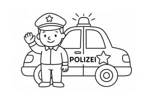Polizei Ausmalbild ab 2 Jahre - Polizeiauto mit Polizist, der winkt