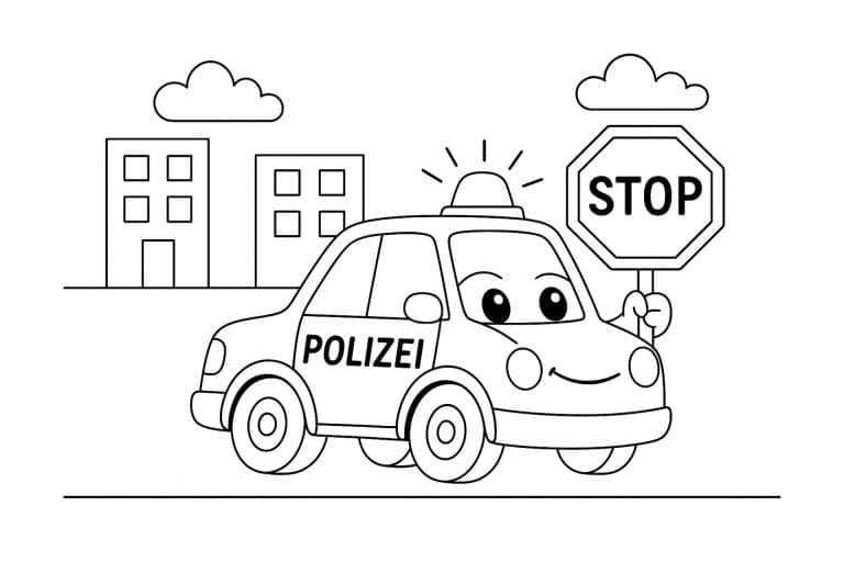 Polizei Ausmalbild ab 2 Jahre - Polizeifahrzeug mit Stoppschild