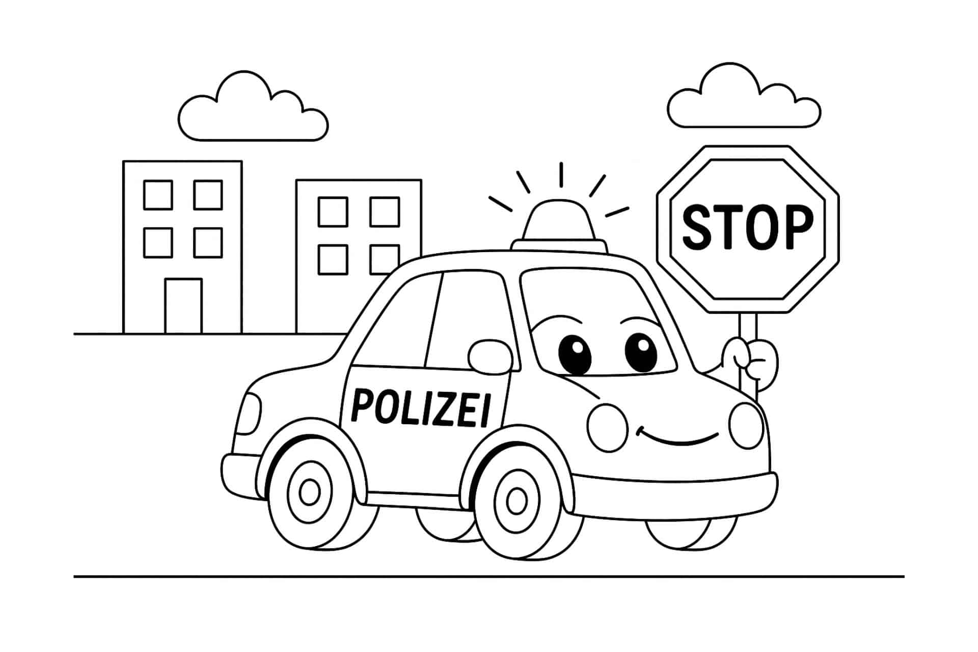 Polizei Ausmalbild ab 2 Jahre - Polizeifahrzeug mit Stoppschild