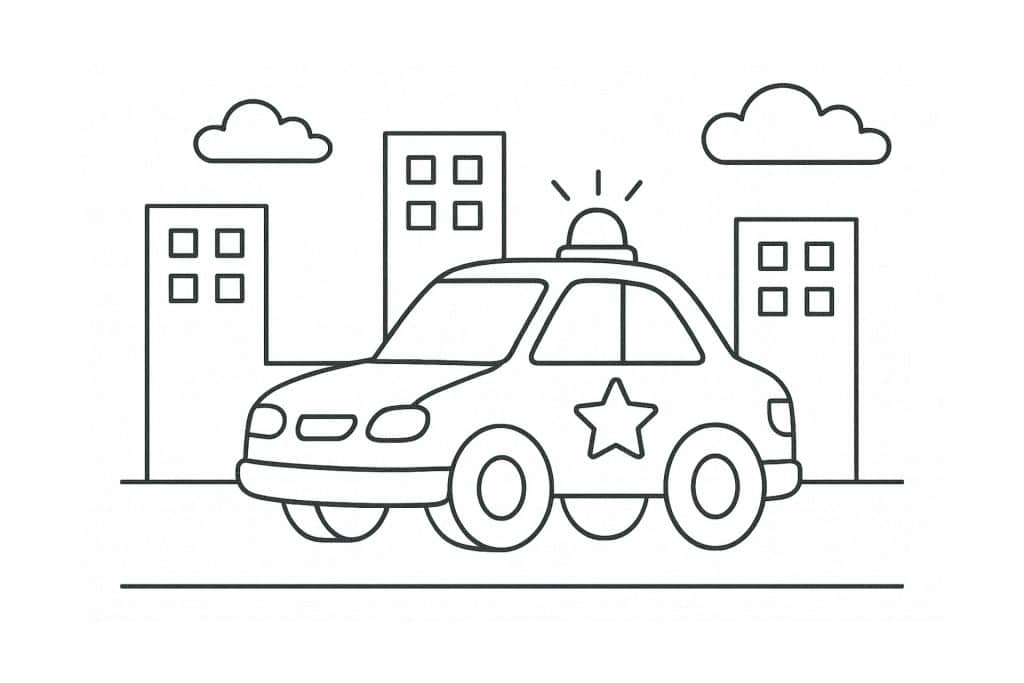 Polizei Ausmalbild ab 2 Jahre - Polizeiwagen fährt durch die Stadt