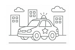Polizei Ausmalbild ab 2 Jahre - Polizeiwagen fährt durch die Stadt