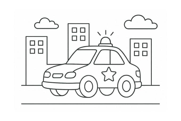 Polizei Ausmalbild ab 2 Jahre - Polizeiwagen fährt durch die Stadt