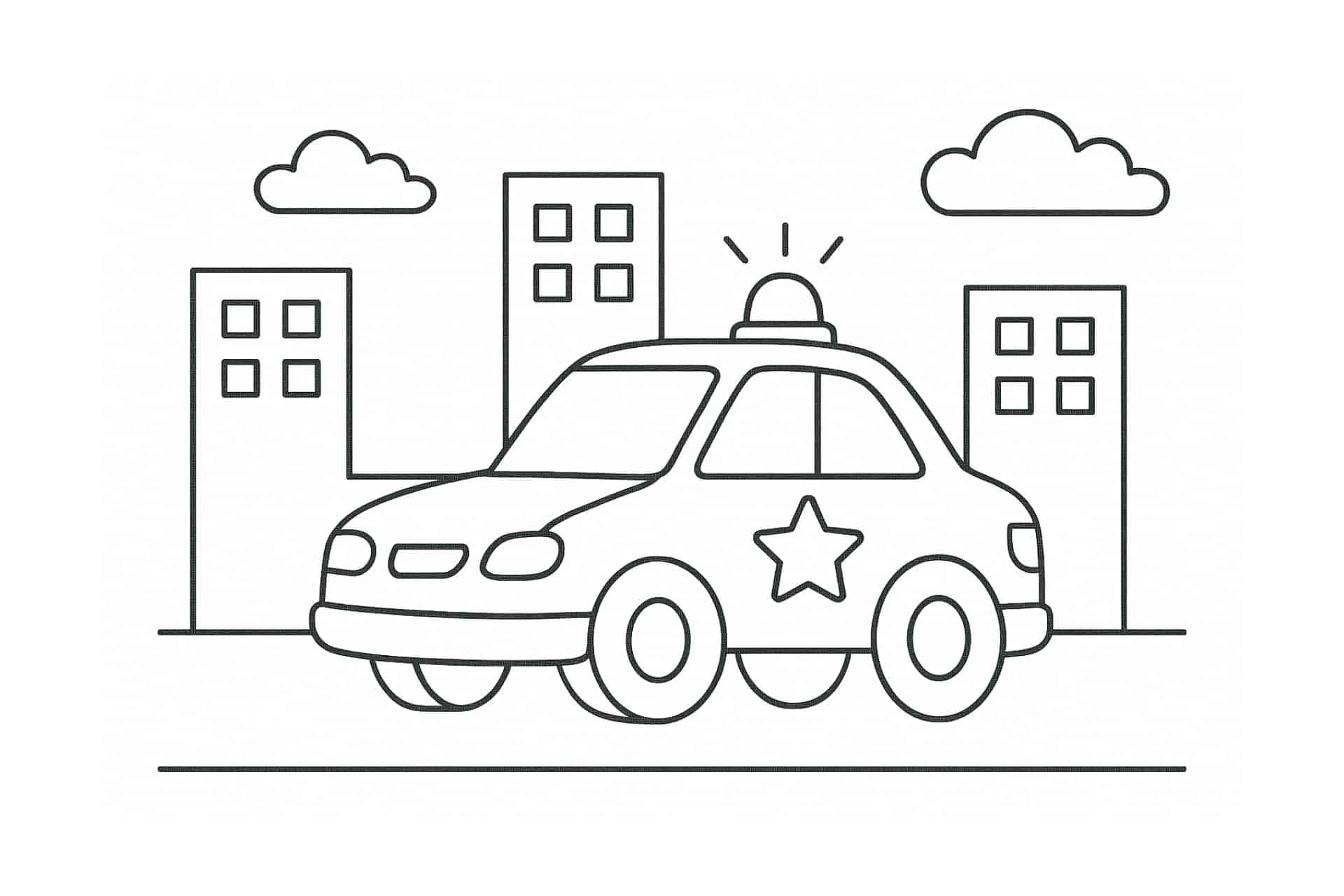 Polizei Ausmalbild ab 2 Jahre - Polizeiwagen fährt durch die Stadt