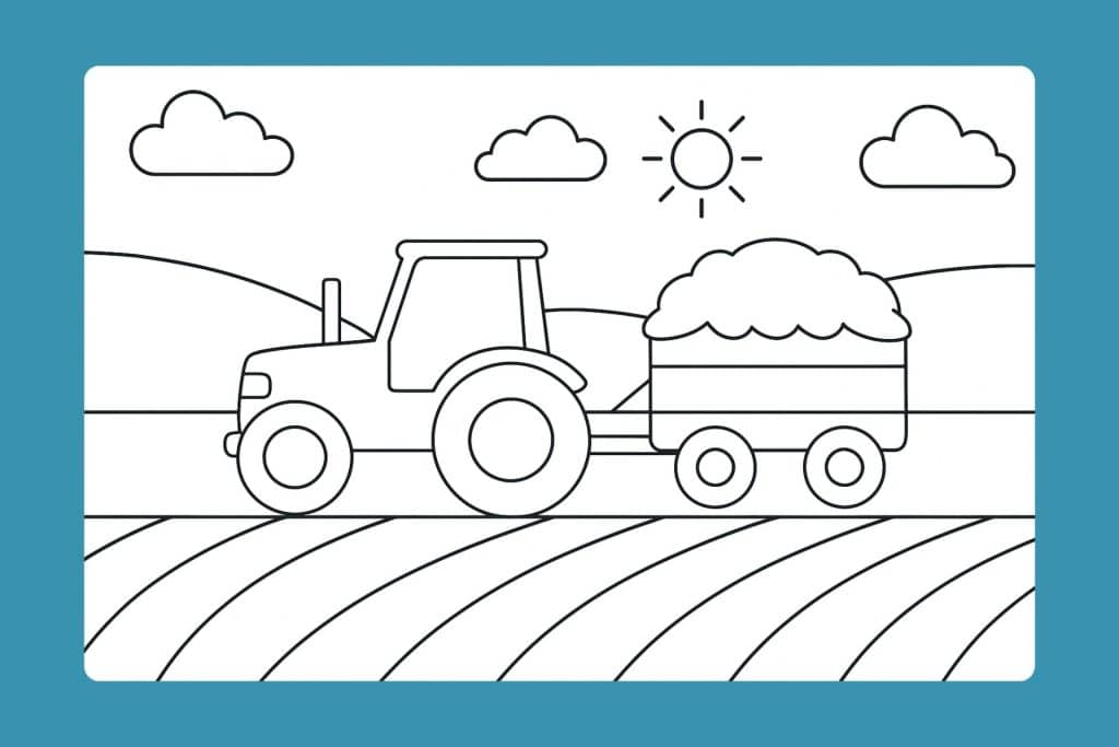 Traktor Ausmalbild ab 2 Jahre - Traktor auf dem Feld mit Heu-Anhänger