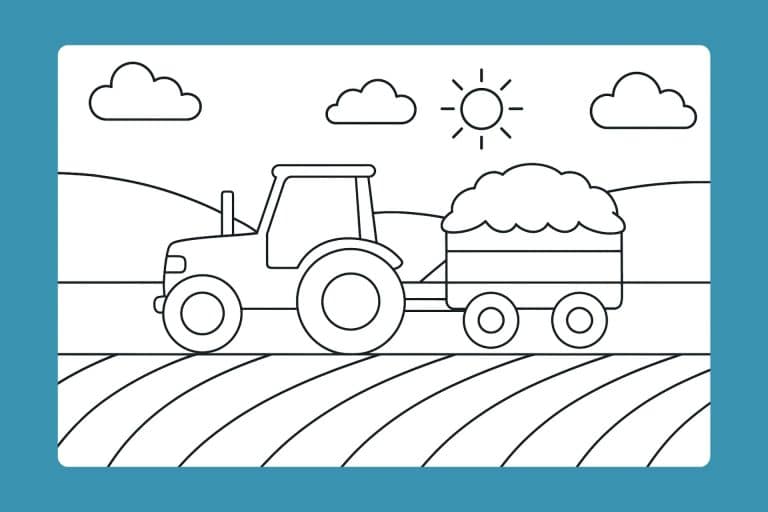 Traktor Ausmalbild ab 2 Jahre - Traktor auf dem Feld mit Heu-Anhänger