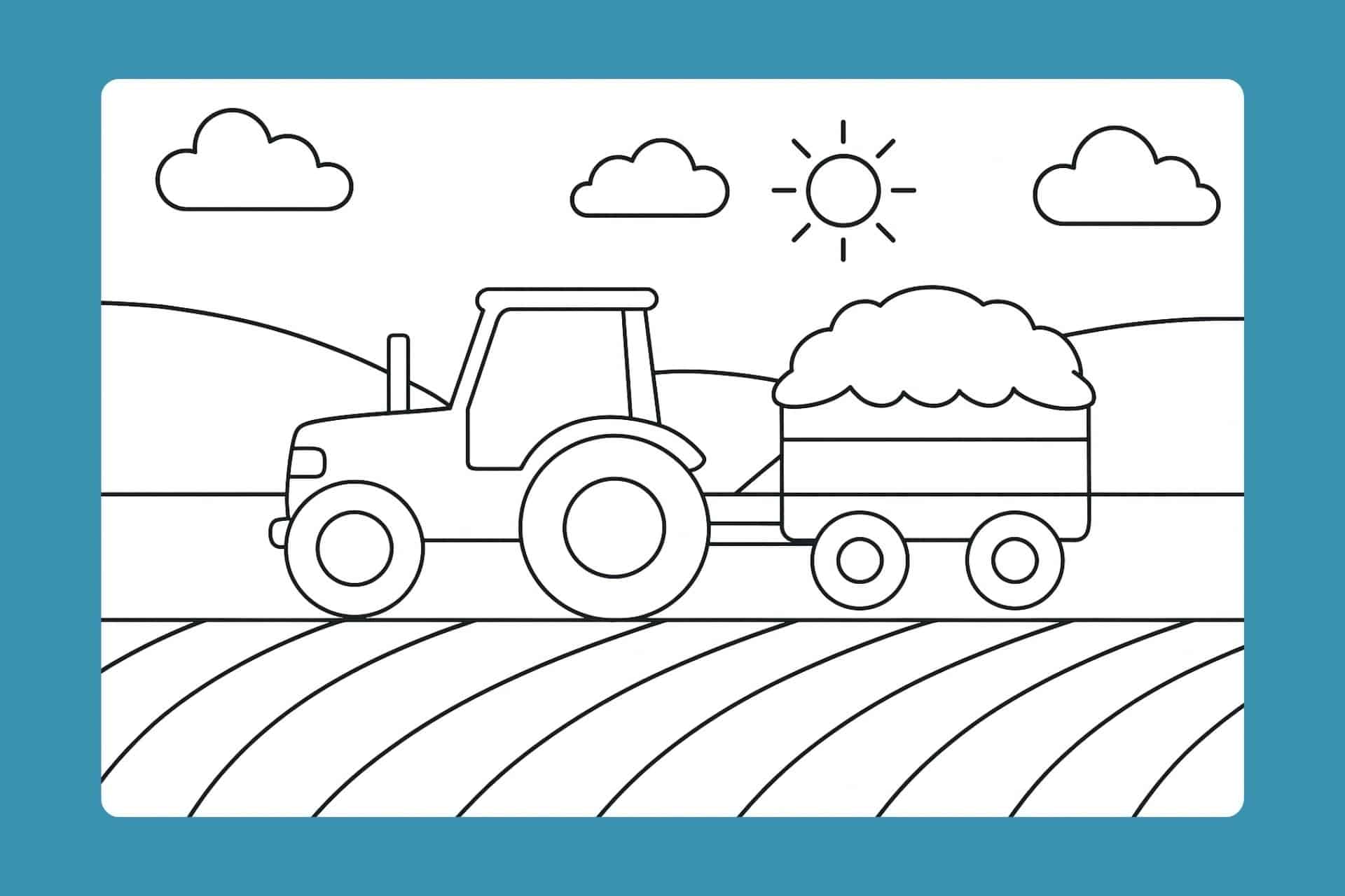 Traktor Ausmalbild ab 2 Jahre - Traktor auf dem Feld mit Heu-Anhänger