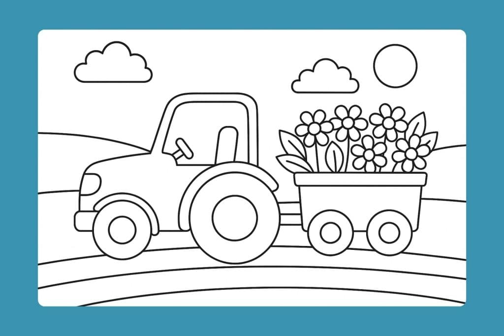 Traktor Ausmalbild ab 2 Jahre - Traktor mit Blumen im Anhänger