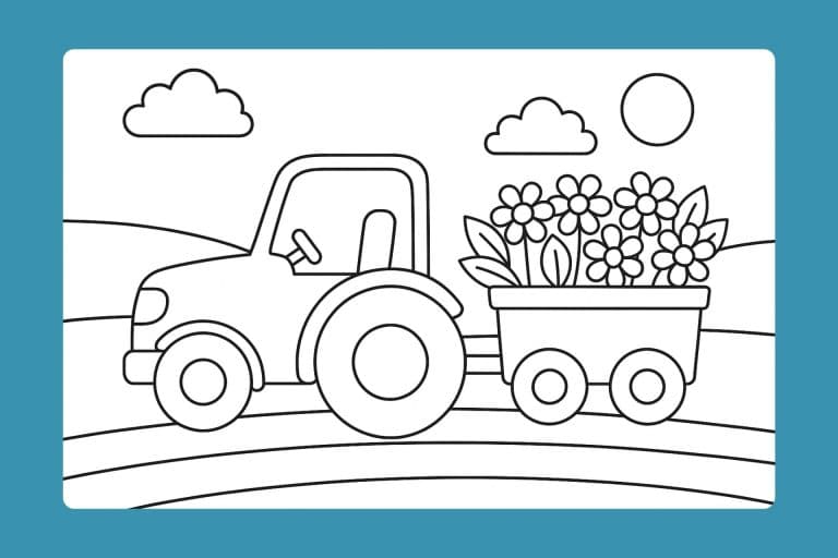 Traktor Ausmalbild ab 2 Jahre - Traktor mit Blumen im Anhänger