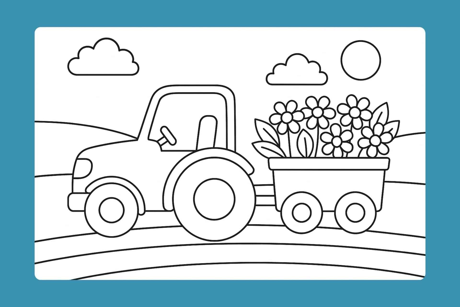 Traktor Ausmalbild ab 2 Jahre - Traktor mit Blumen im Anhänger