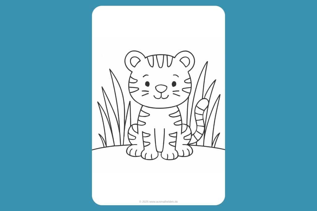 Dschungeltiere Ausmalbild ab 2 Jahre - Tigerbaby im hohen Gras