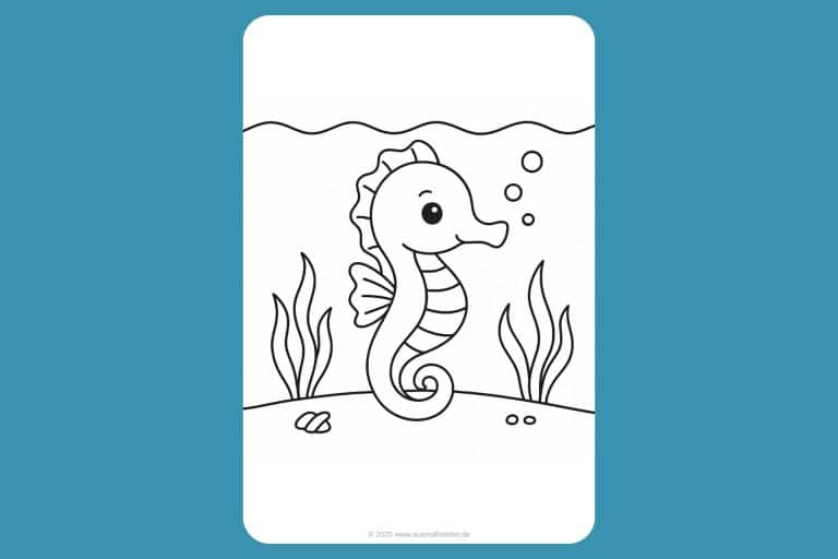 Meerestiere Ausmalbild ab 2 Jahre - Seepferdchen zwischen Seegras