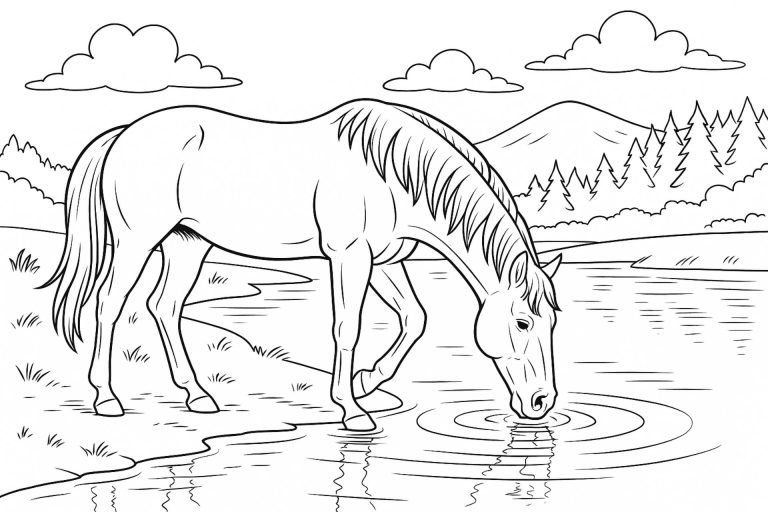 Pferde Ausmalbild ab 11 Jahre - Pferd am Seeufer mit Spiegelung im Wasser