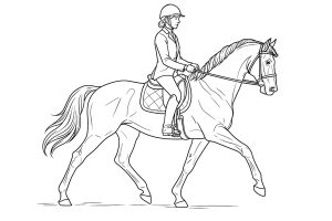 Pferde Ausmalbild ab 11 Jahre - Pferd mit Reiterin beim Dressurtraining