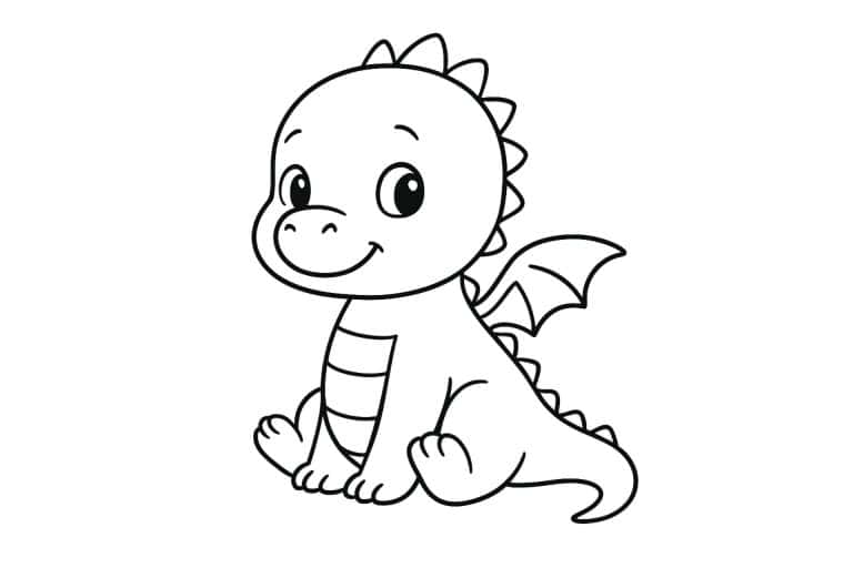 Drachen Ausmalbild ab 2 Jahre - Sitzender Baby-Drache mit großem Kopf