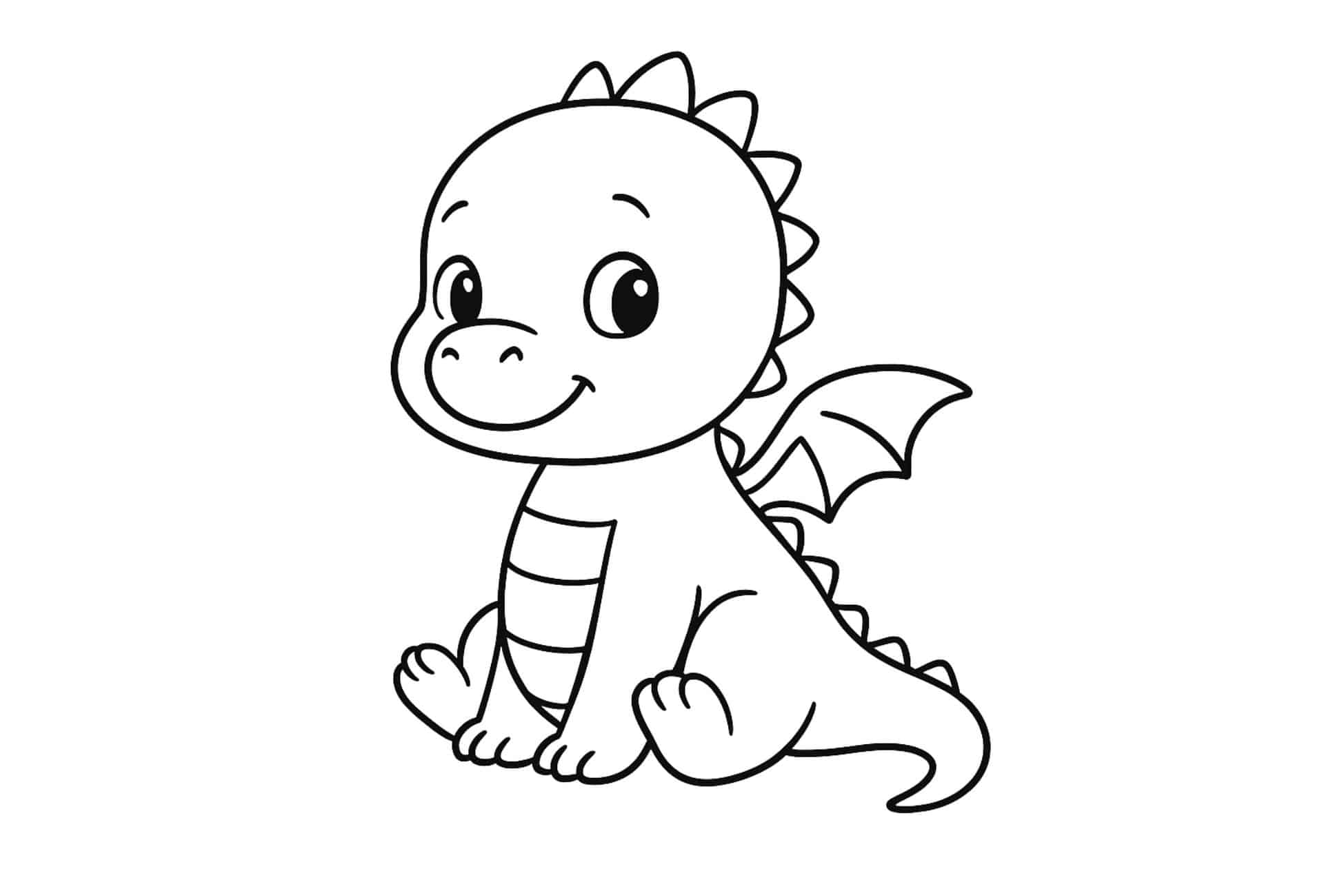 Drachen Ausmalbild ab 2 Jahre - Sitzender Baby-Drache mit großem Kopf