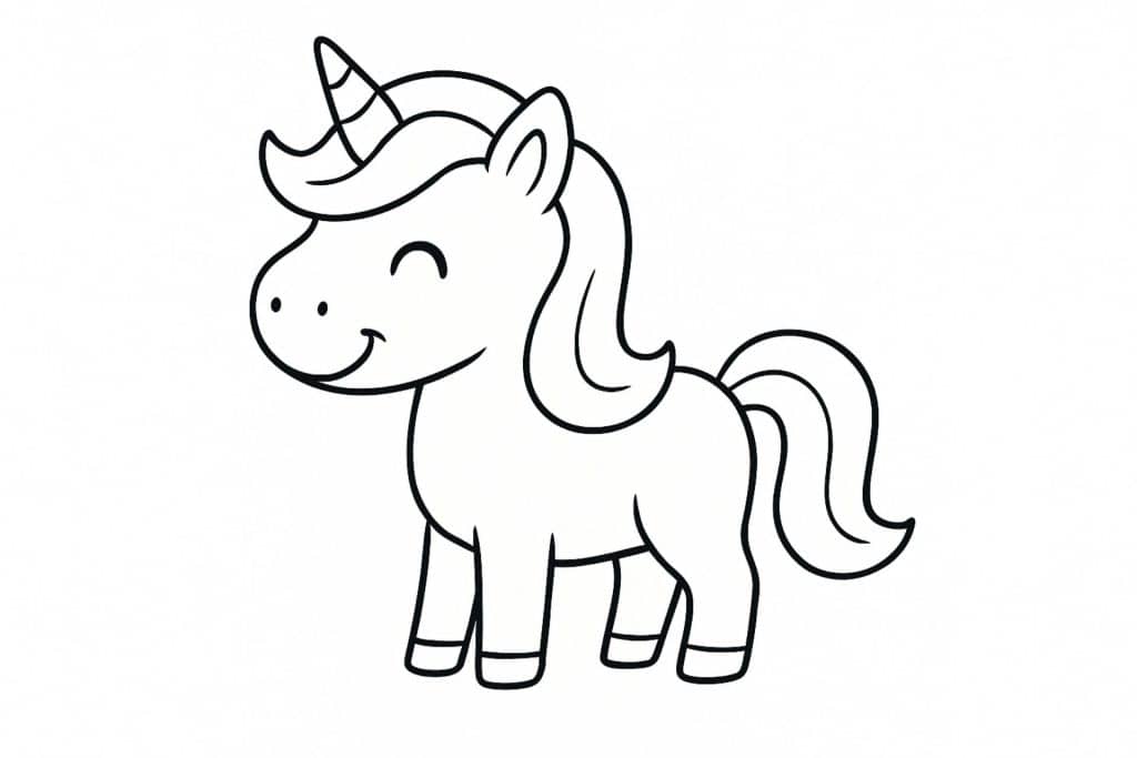 Einhorn Ausmalbild ab 2 Jahre - Lächelndes Einhorn mit dicker Mähne