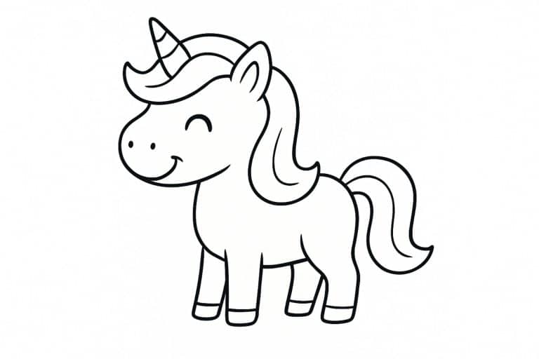 Einhorn Ausmalbild ab 2 Jahre - Lächelndes Einhorn mit dicker Mähne