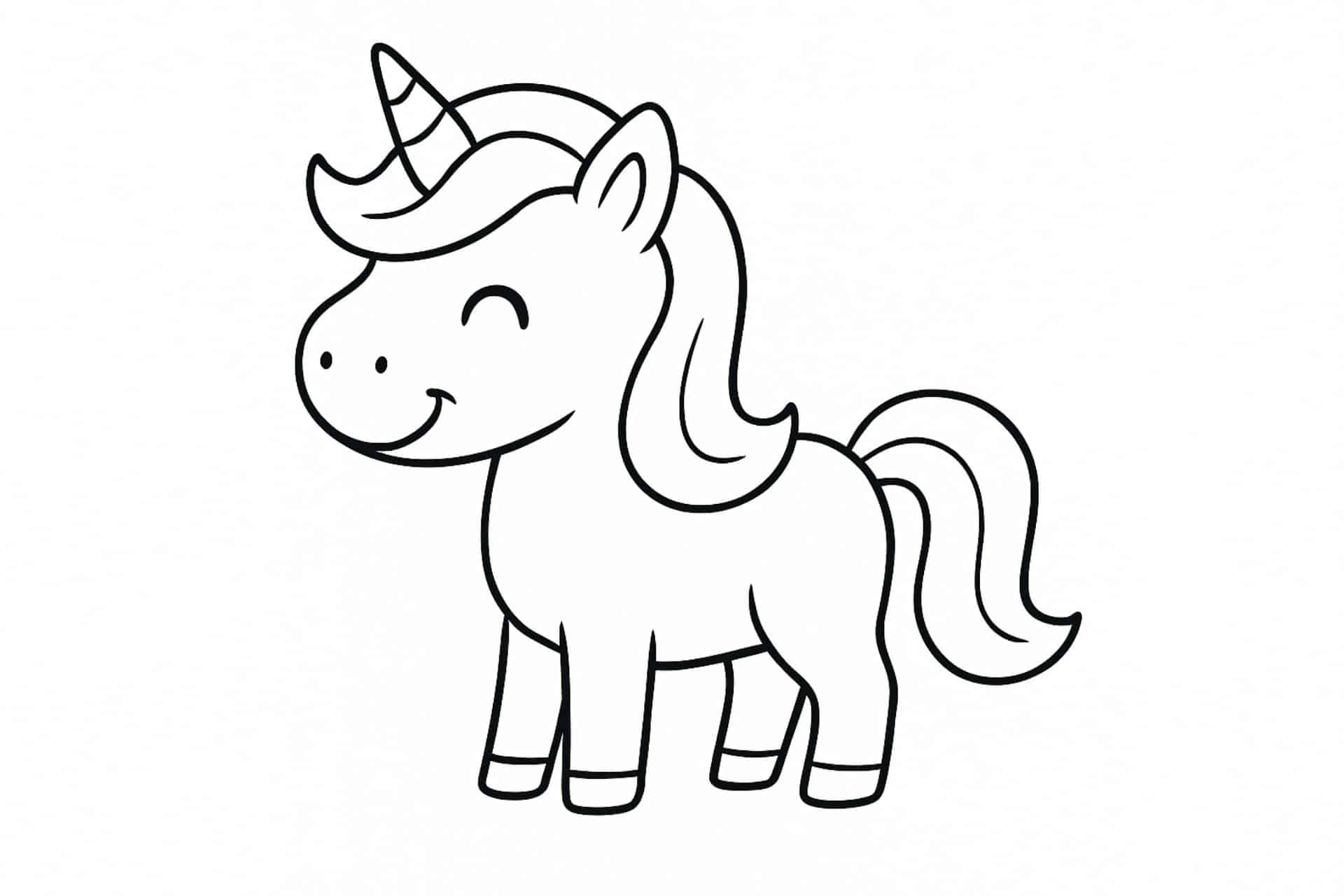 Einhorn Ausmalbild ab 2 Jahre - Lächelndes Einhorn mit dicker Mähne