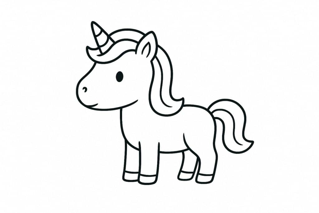Einhorn Ausmalbild ab 2 Jahre - Seitliches Einhorn mit kurzem Schweif