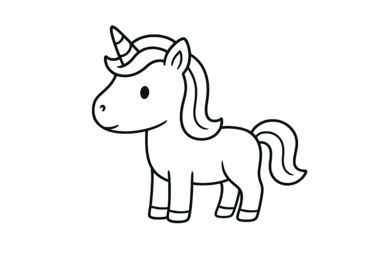 Einhorn Ausmalbild ab 2 Jahre - Seitliches Einhorn mit kurzem Schweif