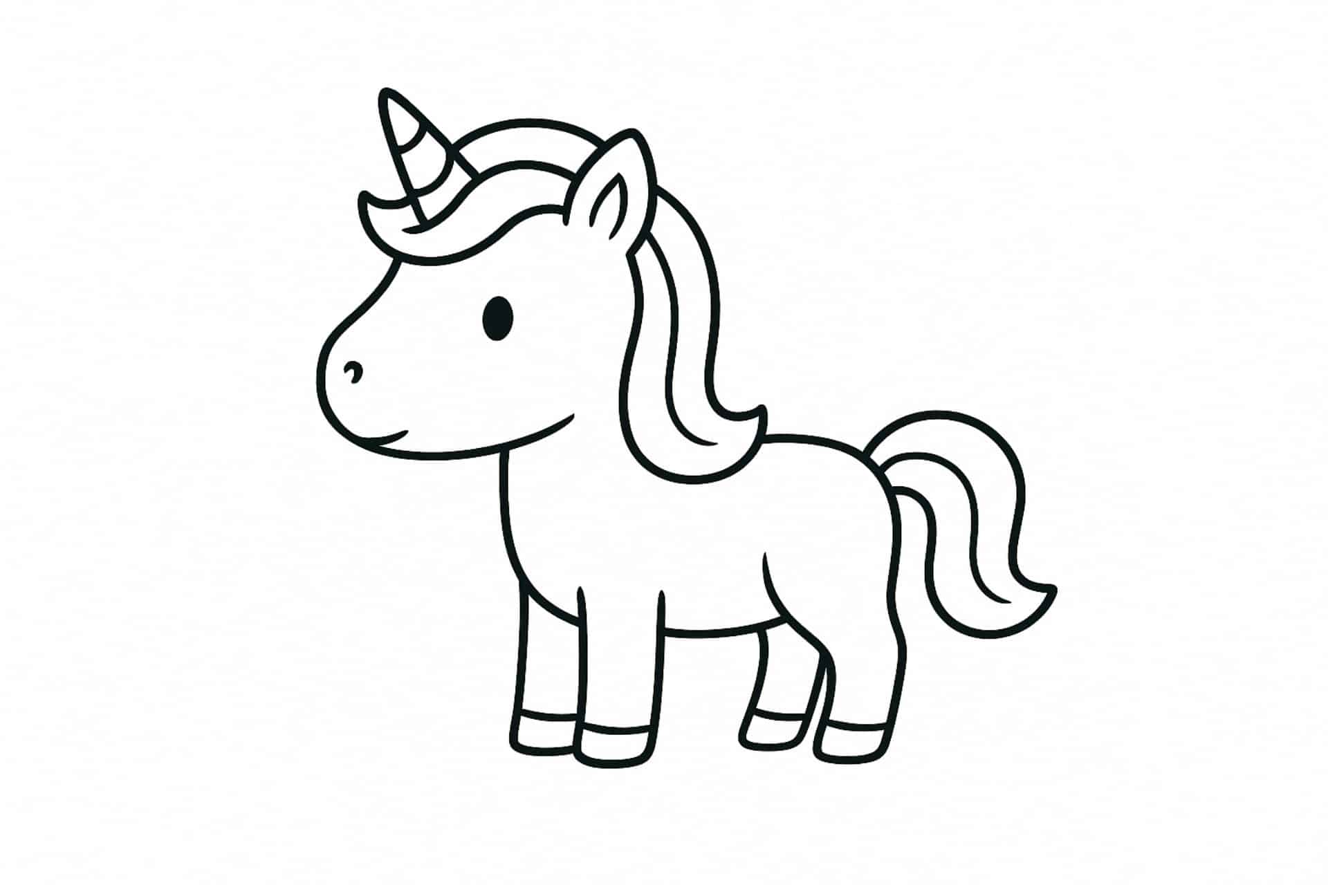Einhorn Ausmalbild ab 2 Jahre - Seitliches Einhorn mit kurzem Schweif
