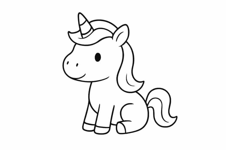 Einhorn Ausmalbild ab 2 Jahre - Sitzendes Einhorn mit kleinem Horn