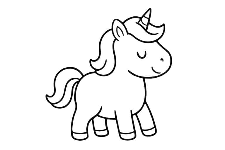 Einhorn Ausmalbild ab 2 Jahre - Kindliches Einhorn mit rundem Körper und kurzen Beinen