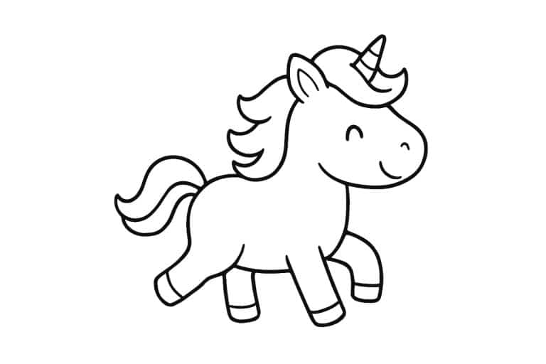 Einhorn Ausmalbild ab 2 Jahre - Laufendes Einhorn mit kleinem Lächeln