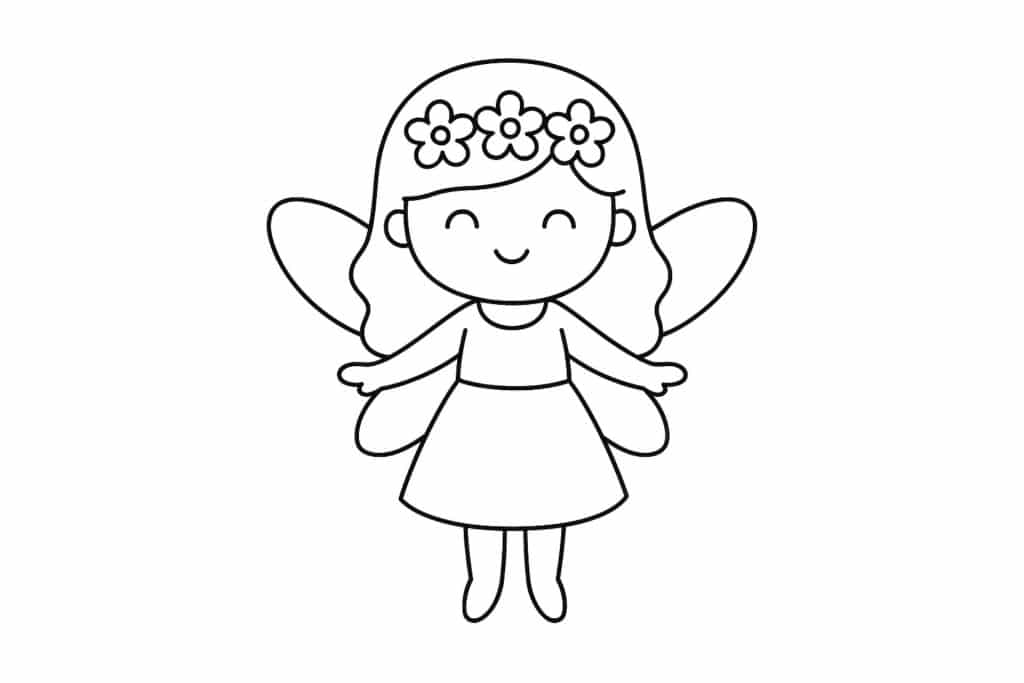 Feen Ausmalbild ab 2 Jahre - Lächelnde Fee mit Blumenkranz